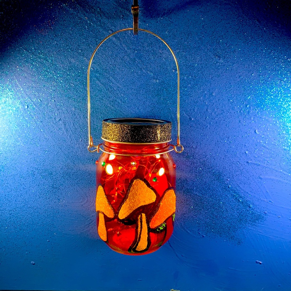 Funky Psychedelic Sparkly Mushroom Solar Lantern Hand-Painted by Love Marcy Arts